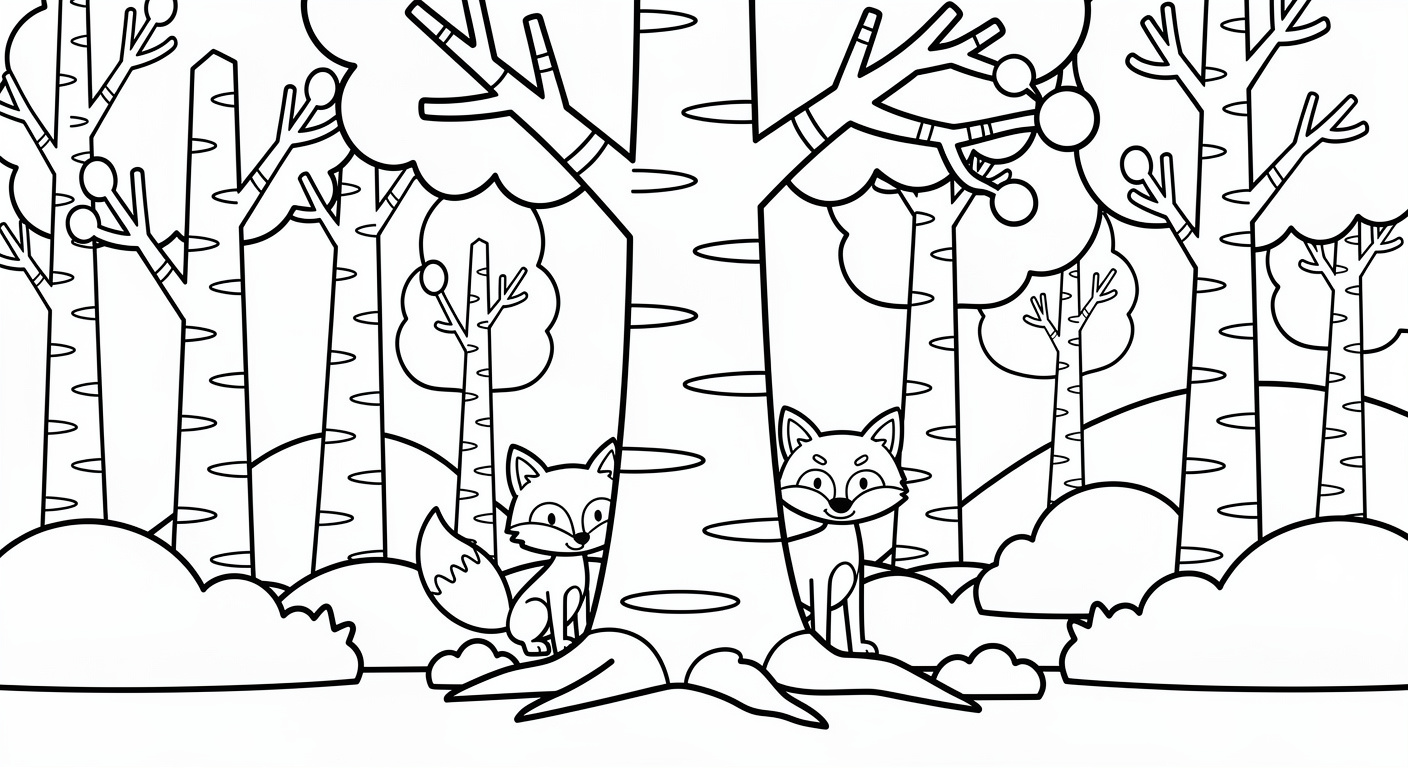 Dessin de bouleau en forêt nordique à colorier gratuit, PDF imprimable pour enfants de 2 à 5 ans