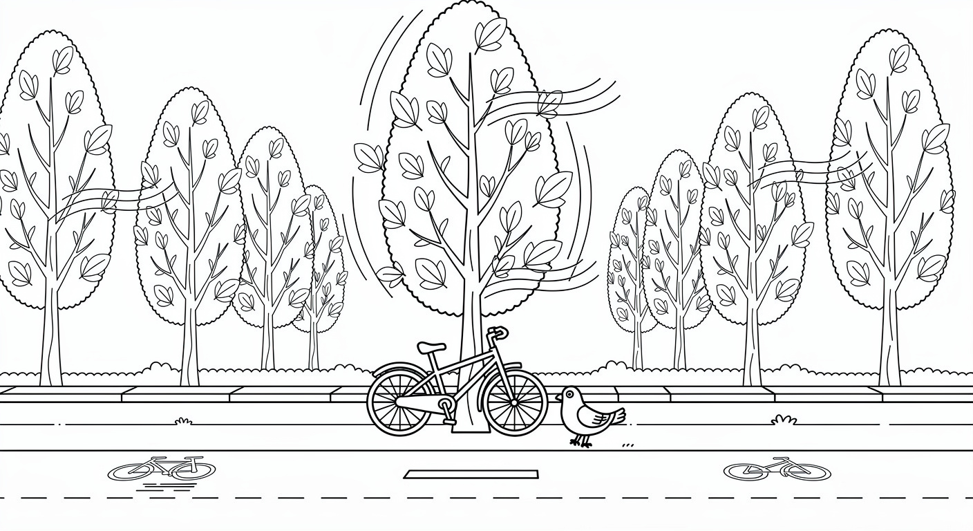 Dessin de peuplier dans une avenue à colorier gratuit, PDF imprimable pour enfants
