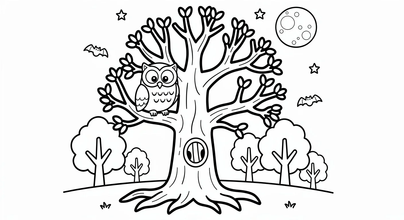 Desenho de Árvore com coruja dormindo para Colorir