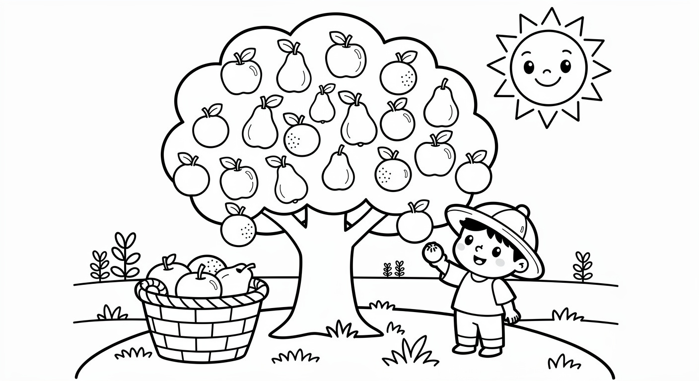 Dessin d'arbre avec fruits au verger à colorier gratuit, activité imprimable pour enfants