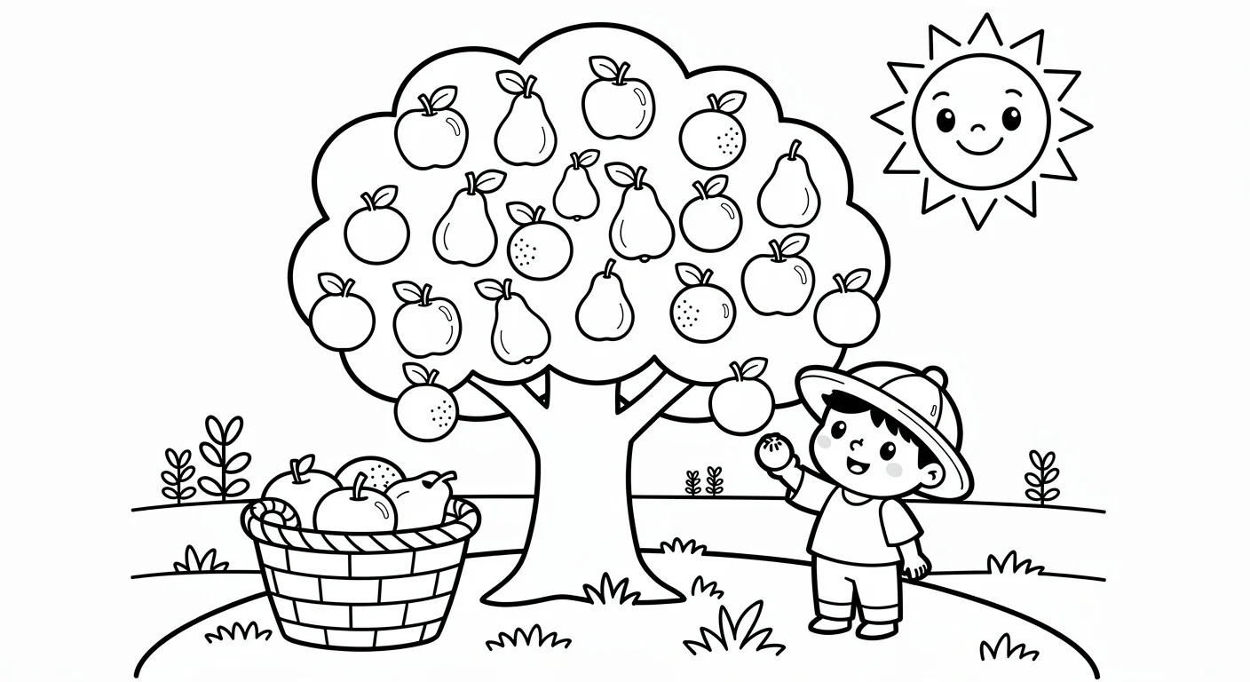 Tree with fruit in orchard Coloring Page