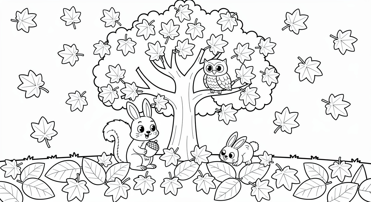 Dessin d'arbre automnal avec animaux à colorier, coloriage gratuit imprimable pour enfants