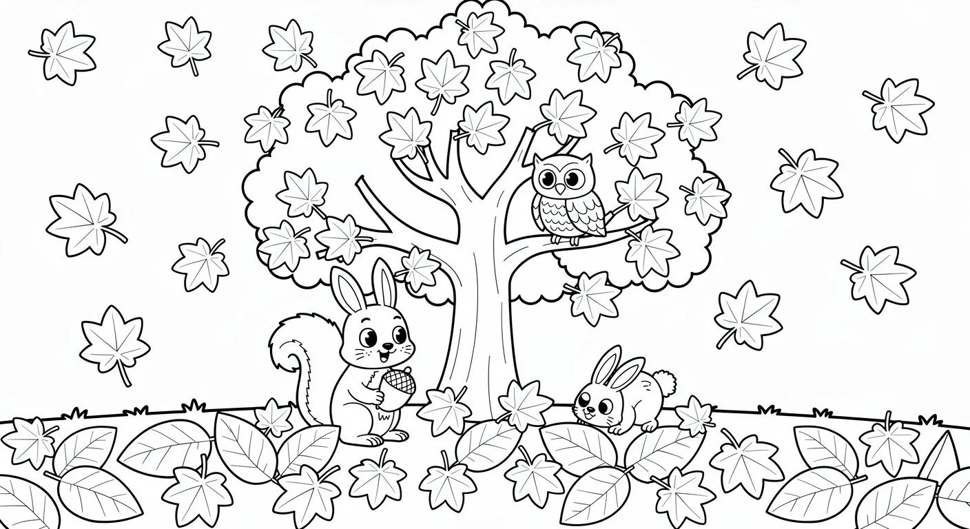 Dessin de Arbre en automne avec des animaux à Colorier