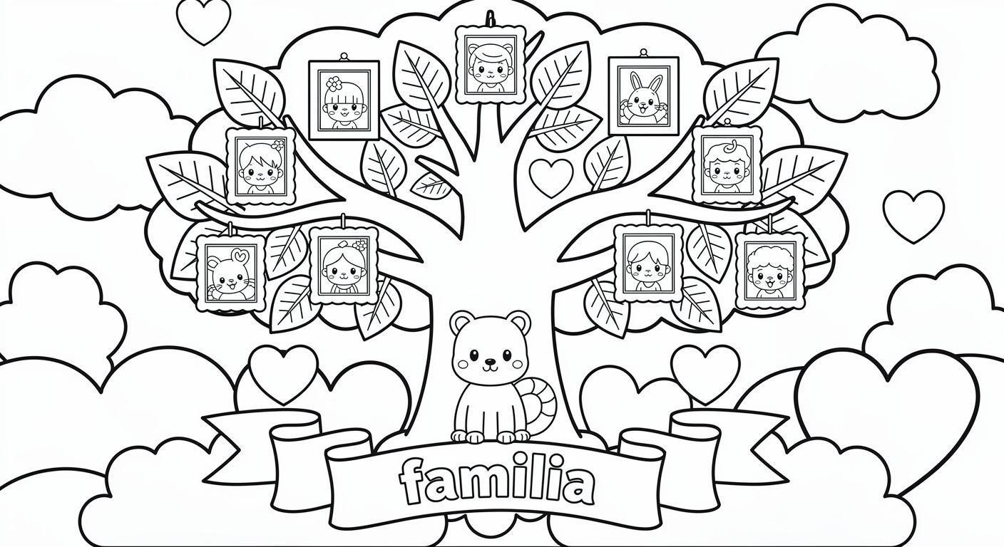 Dessin d'arbre généalogique familial à colorier, gratuit et imprimable pour les enfants