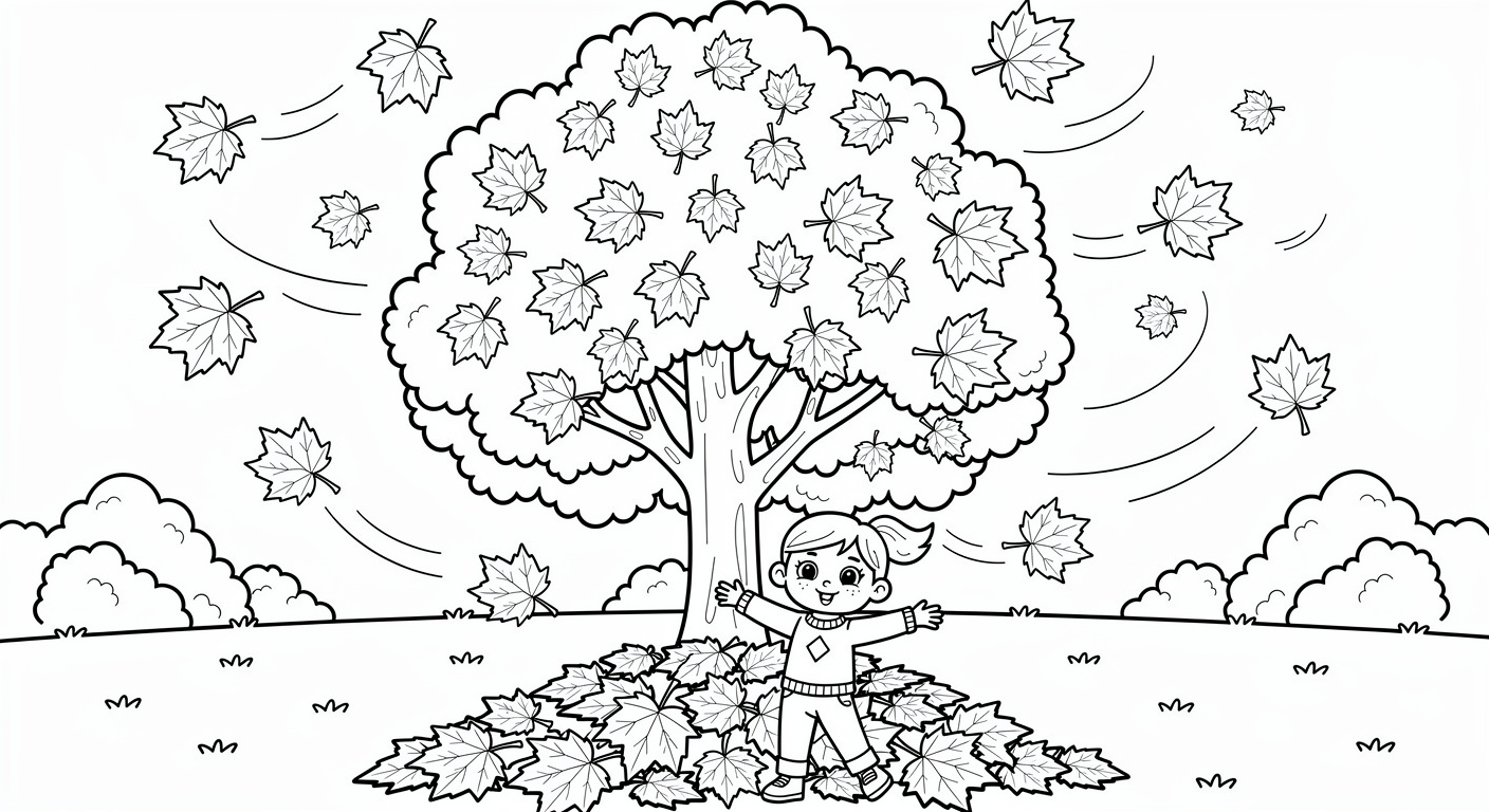 Dessin d'érable en automne avec feuilles qui tombent à colorier, activité gratuite et imprimable pour enfants