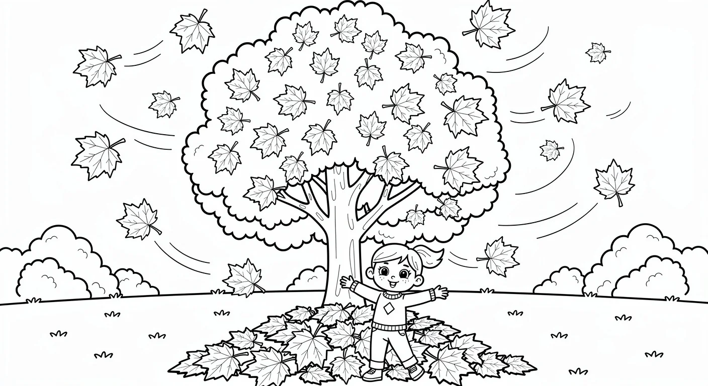 Dibujo de Arce en otoño con hojas cayendo para Colorear
