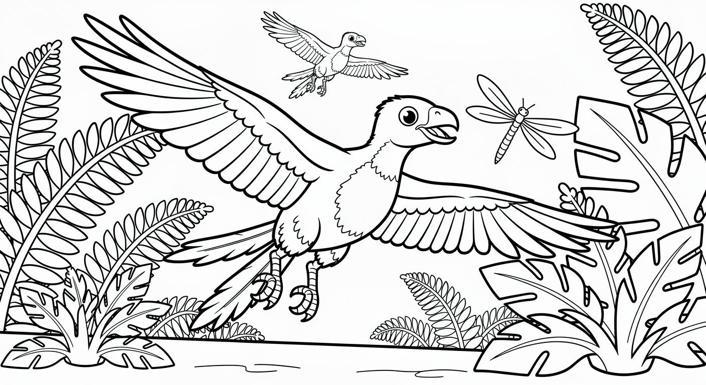 Archaeopteryx among giant ferns coloring page for kids, free printable dinosaur drawing