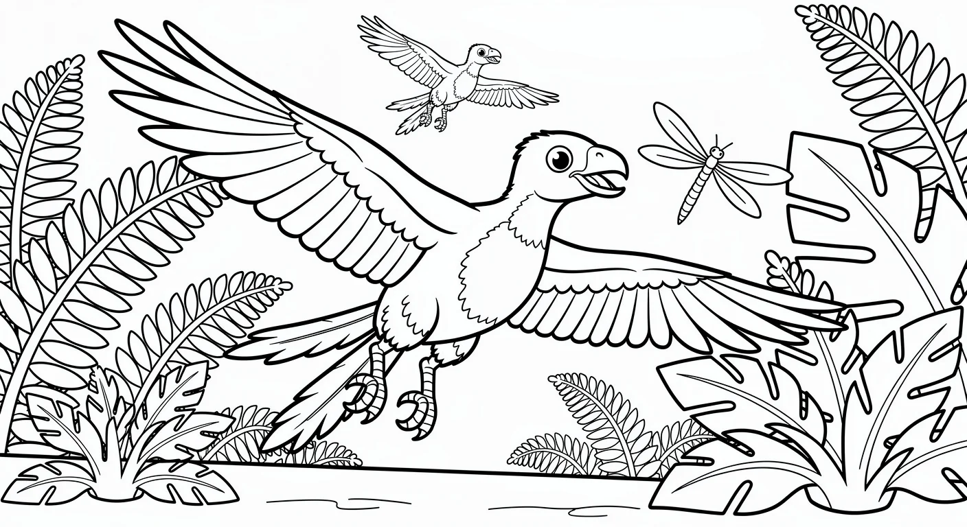 Desenho de Archaeopteryx entre samambaias gigantes para Colorir