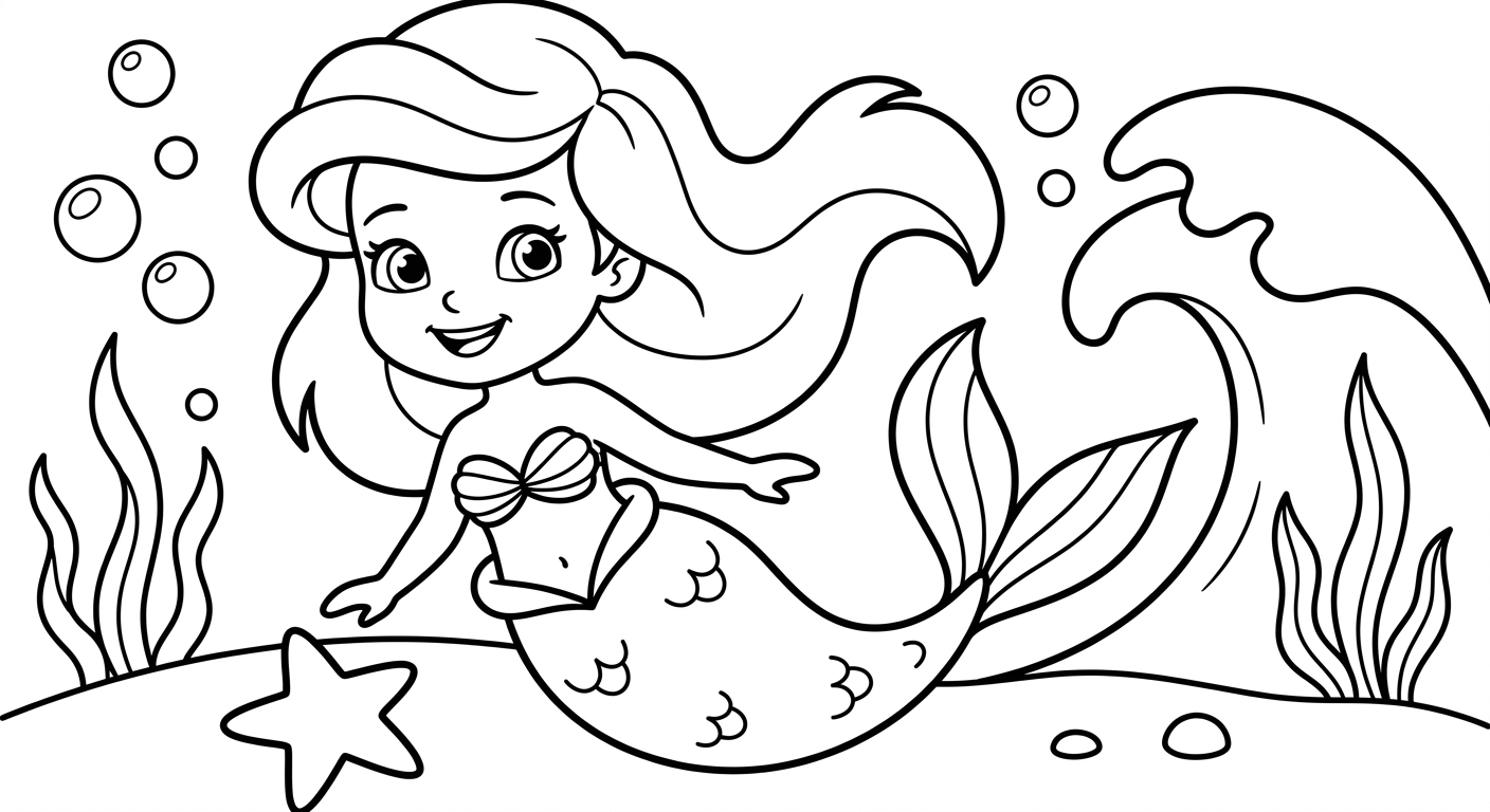 Ariel coloring page for kids ages 2-5, free printable princess drawing