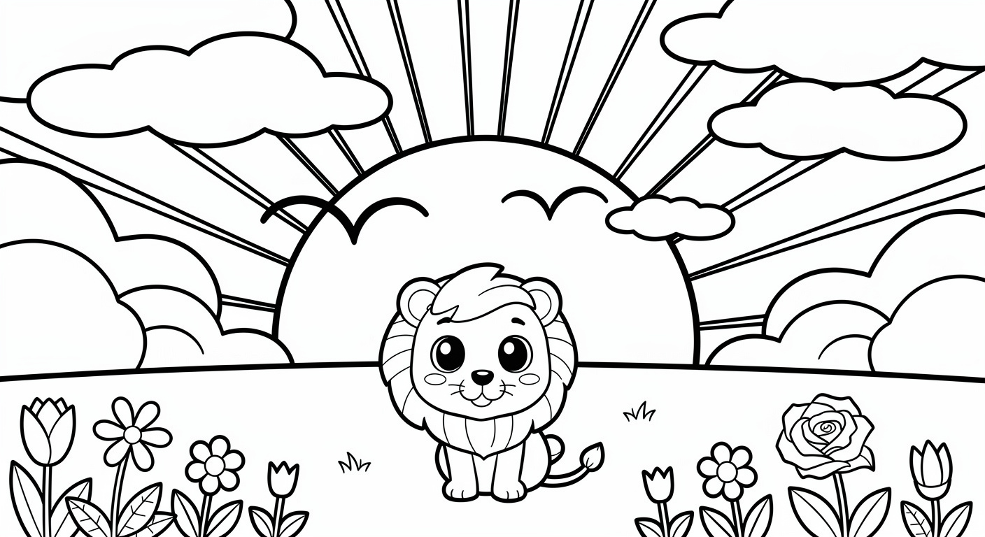 Dessin de coucher de soleil à colorier gratuit, paysage nature imprimable PDF pour petits enfants