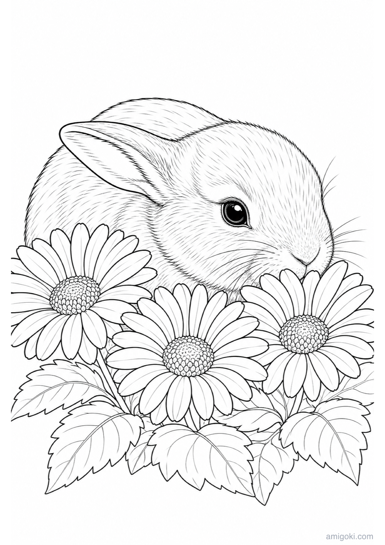 Dibujo de Conejito entre Flores para Colorear e Imprimir