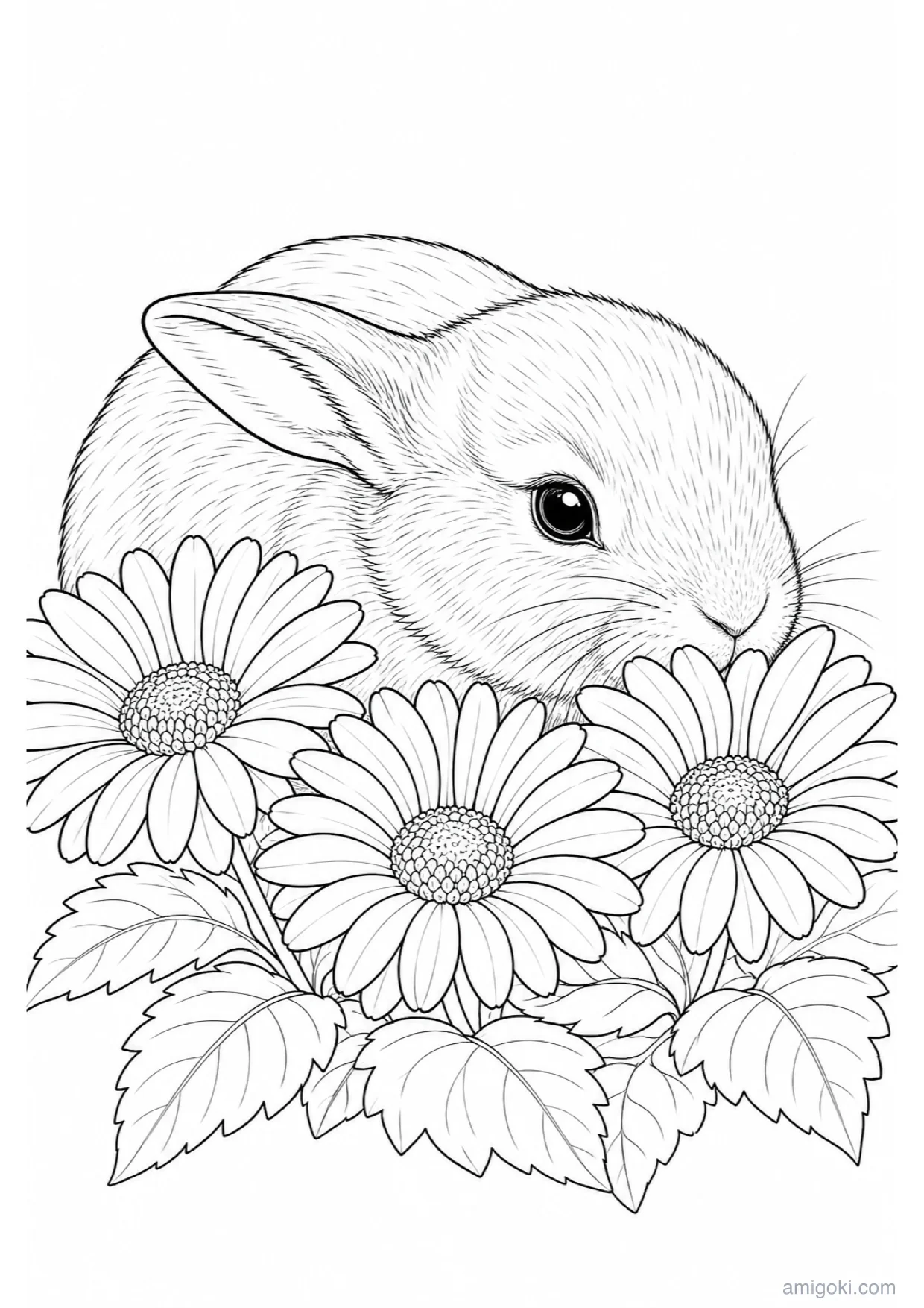 Bunny Among Flowers Coloring Page to Print Free