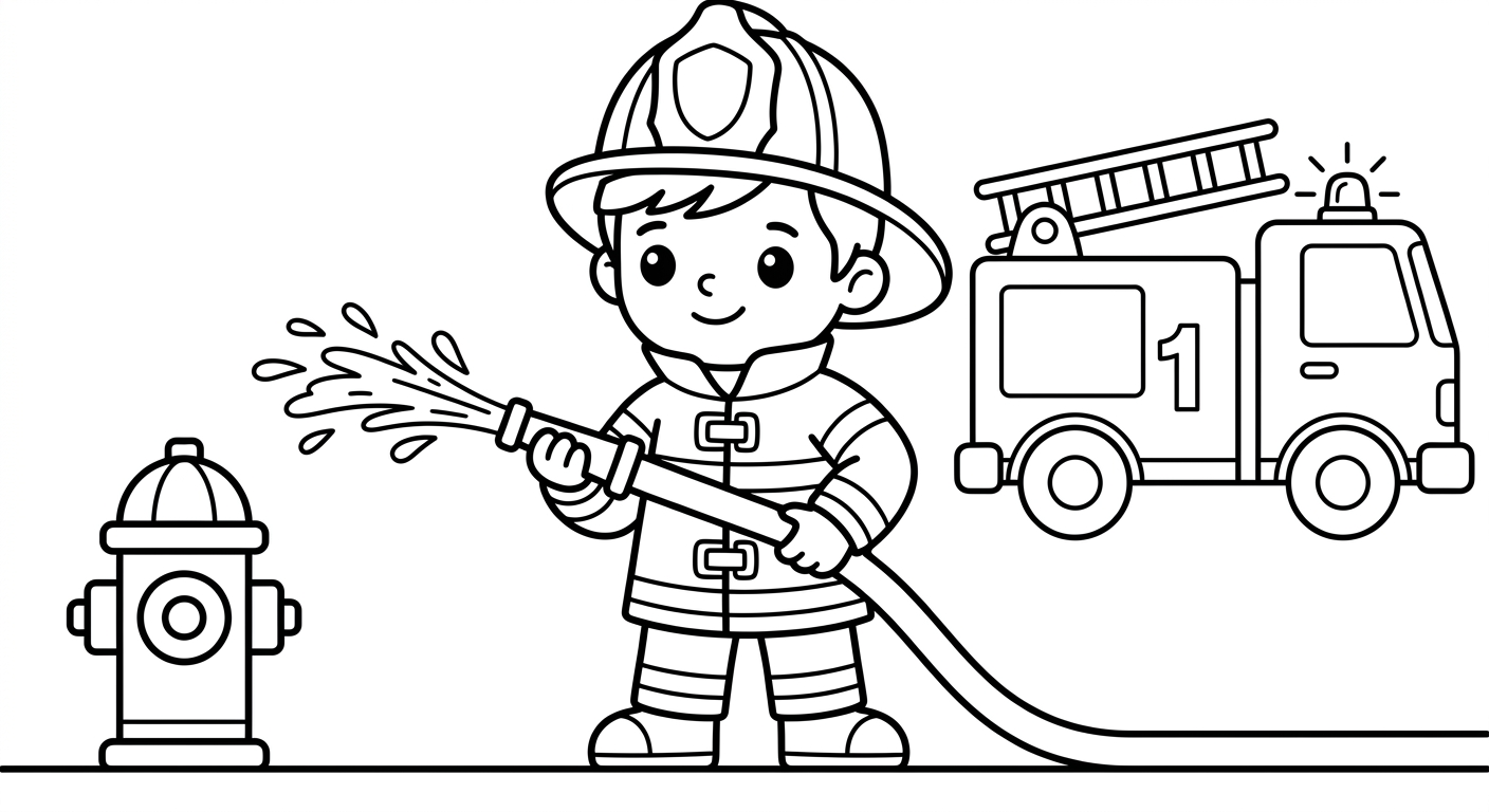 Firefighter coloring page for kids ages 2-5, free printable drawing in PDF format