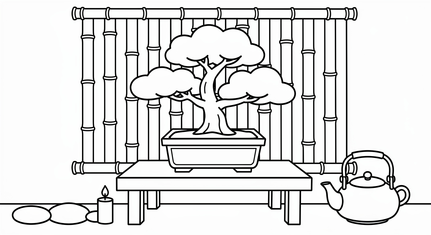 Dessin de bonsaï sur table zen à colorier, page imprimible gratuite pour enfants