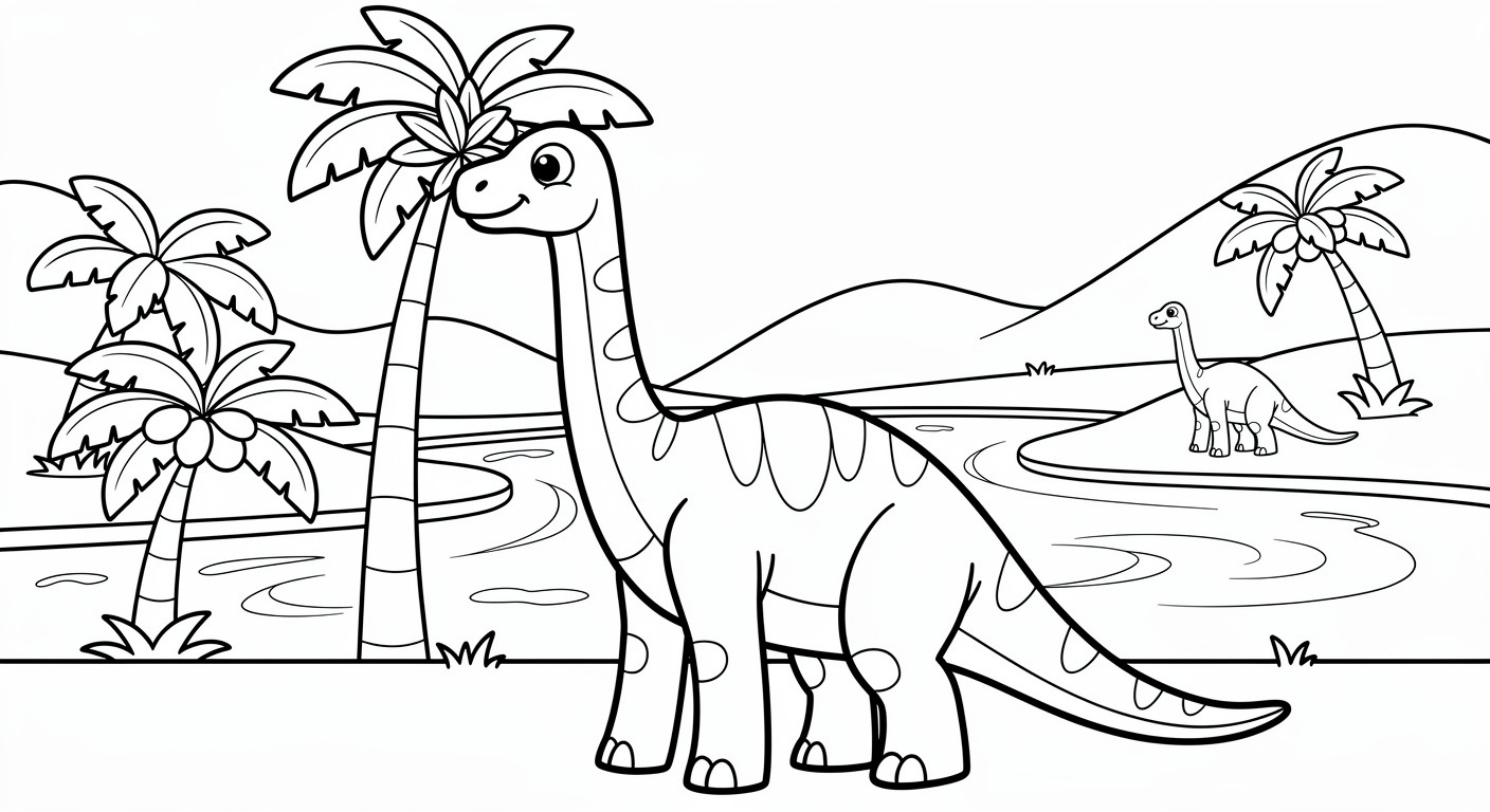 Brachiosaurus coloring page in valley with rivers, free printable drawing for toddlers