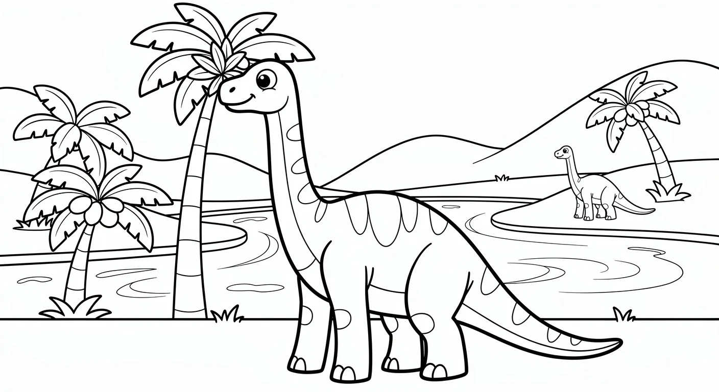 Brachiosaurus in valley with rivers Coloring Page