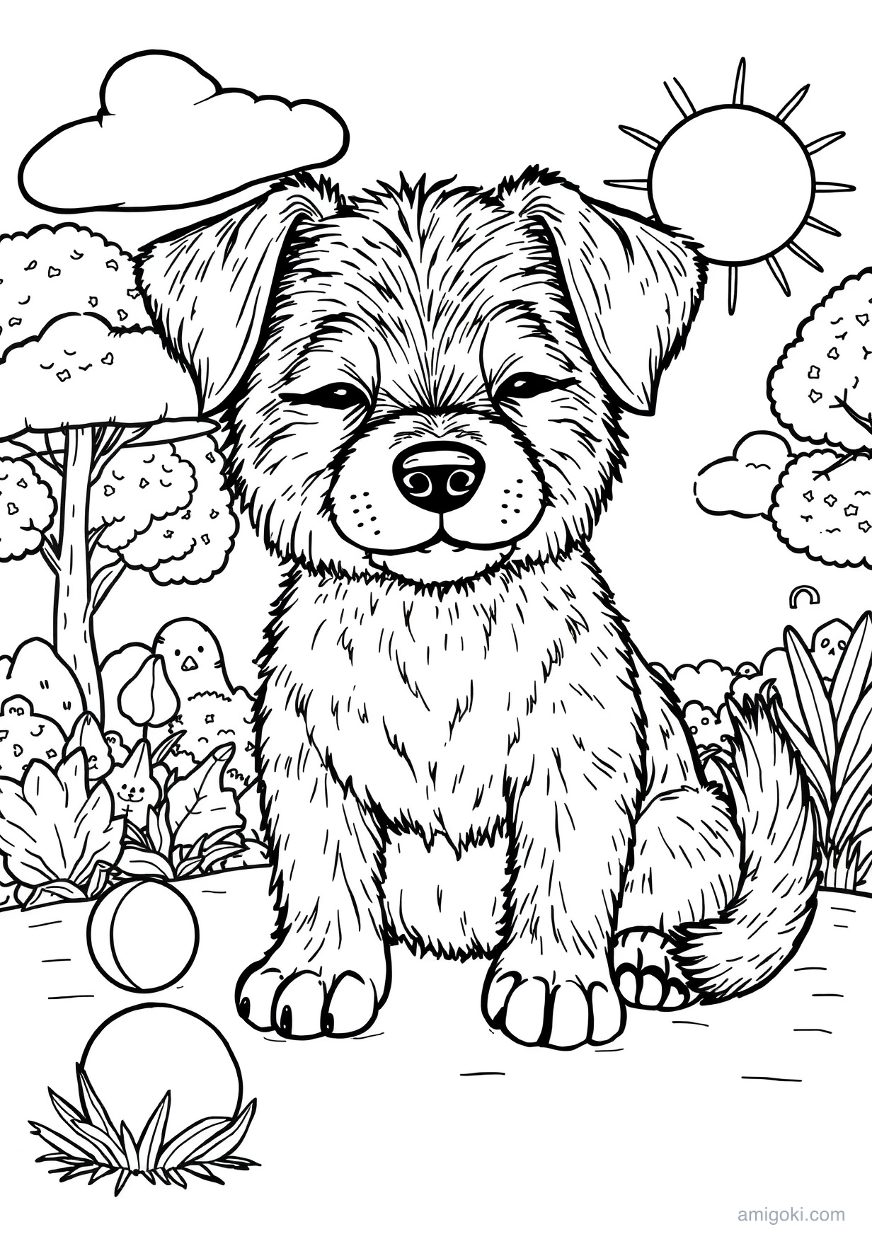 Sleeping puppy coloring page for kids, free printable drawing for children ages 5-8