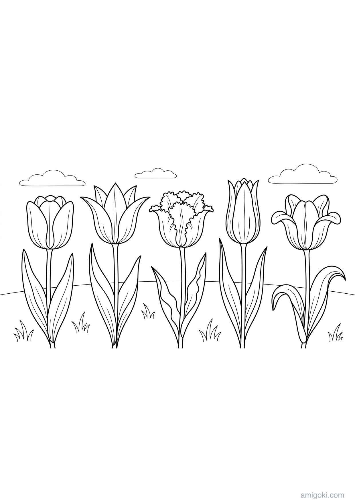 Tulip field coloring page with simple line art design, free printable worksheet for kids ages 5-8