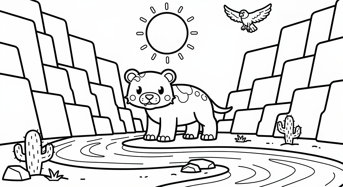 Dessin de canyon à colorier gratuit, imprimable pour enfants avec paysage naturel simplifié