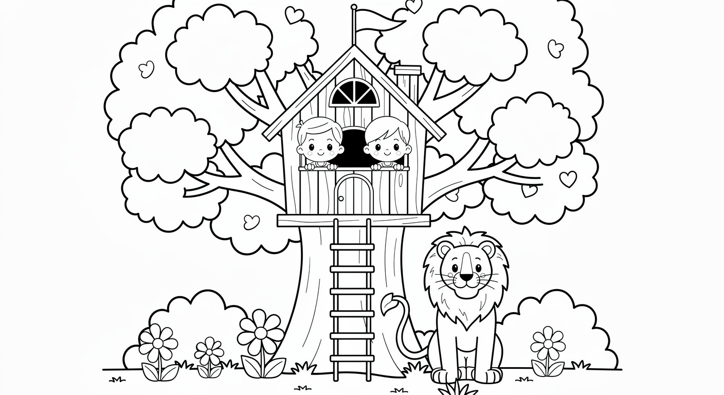 Dessin de maison dans l'arbre à colorier gratuit, imprimable PDF pour enfants de 2 à 5 ans