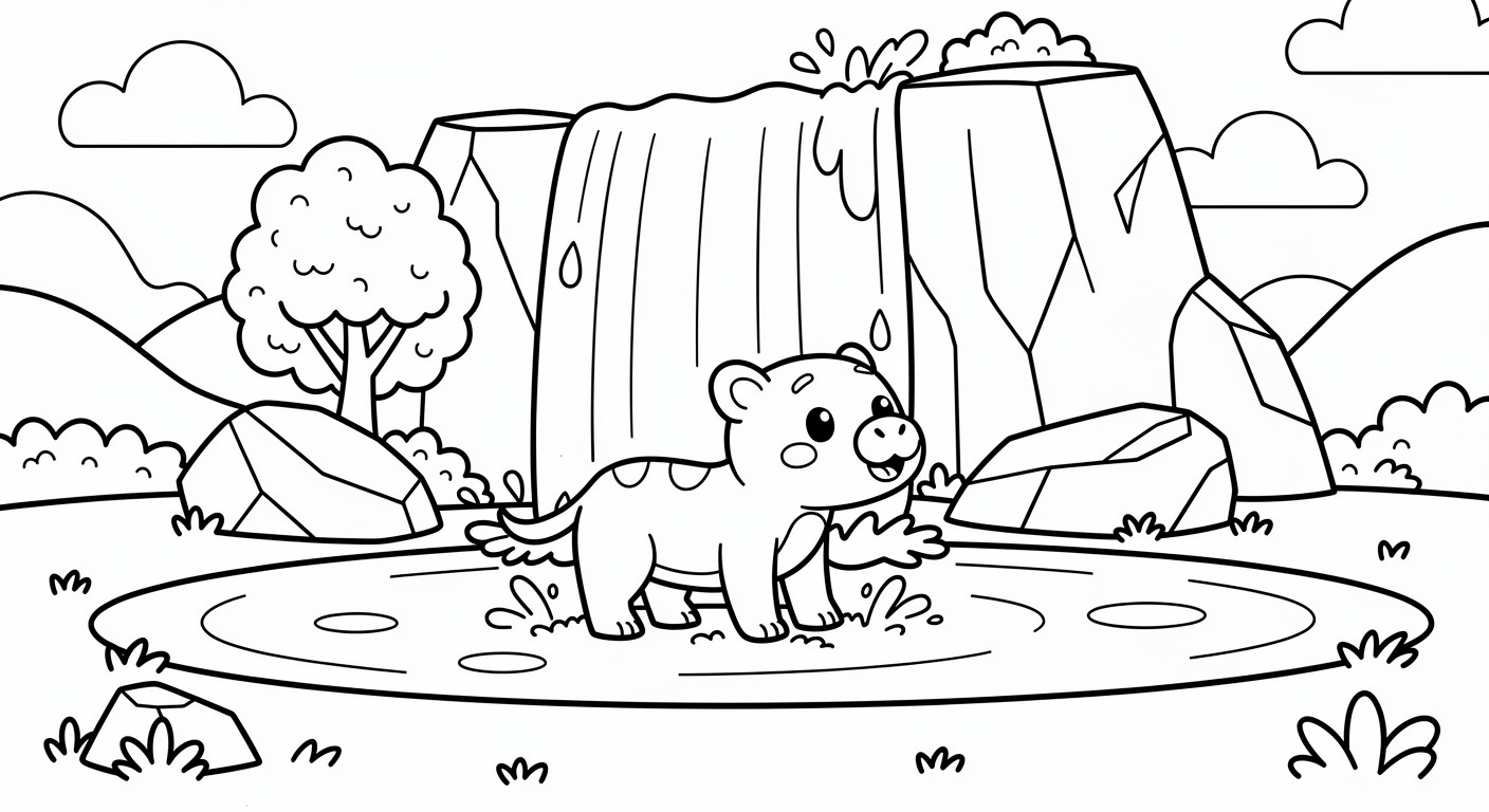 Waterfall coloring page printable for kids ages 2-5, free waterfall drawing activity sheet
