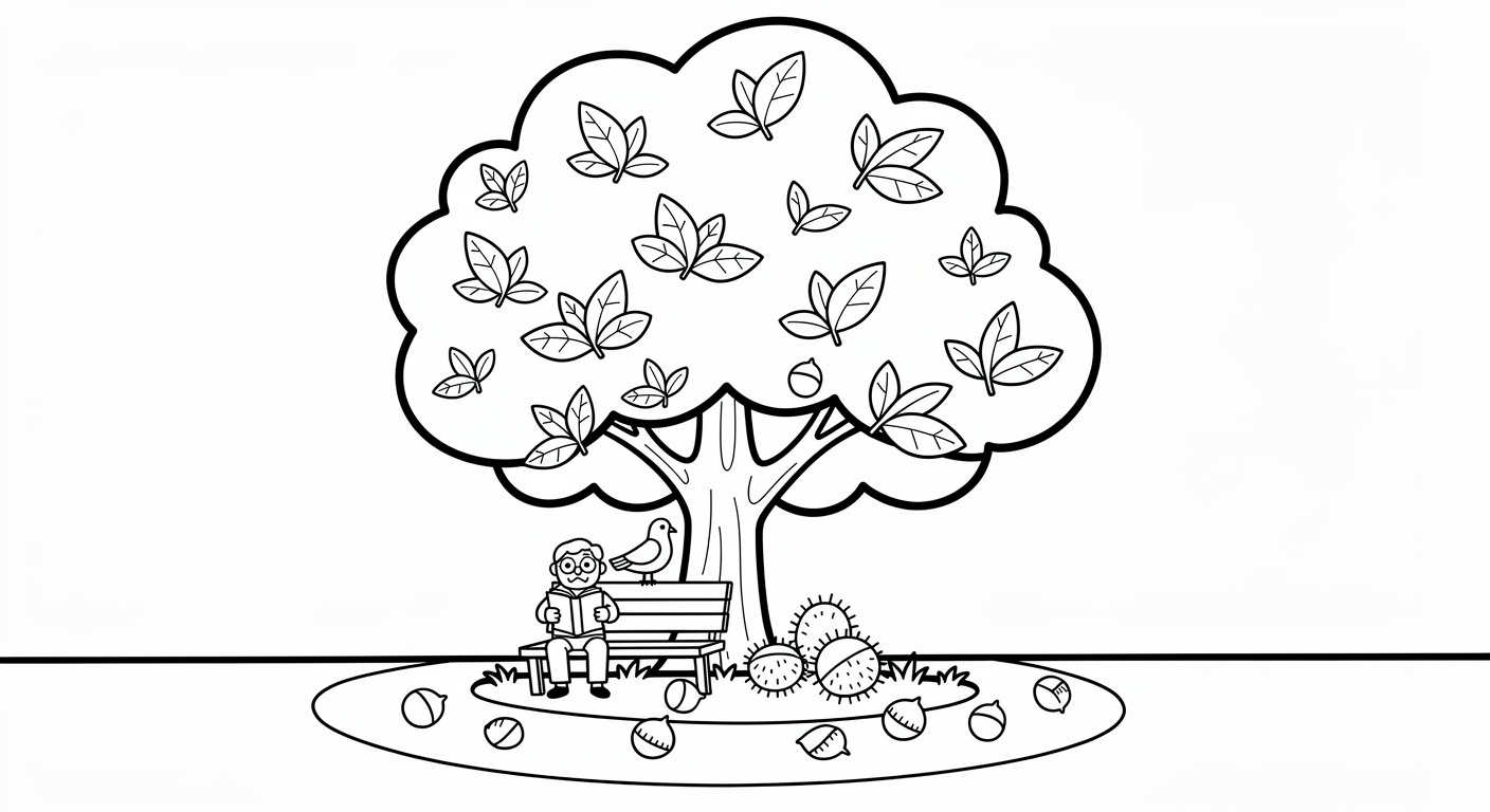 Dessin de châtaignier dans un parc urbain à colorier, activité gratuite et imprimable pour enfants