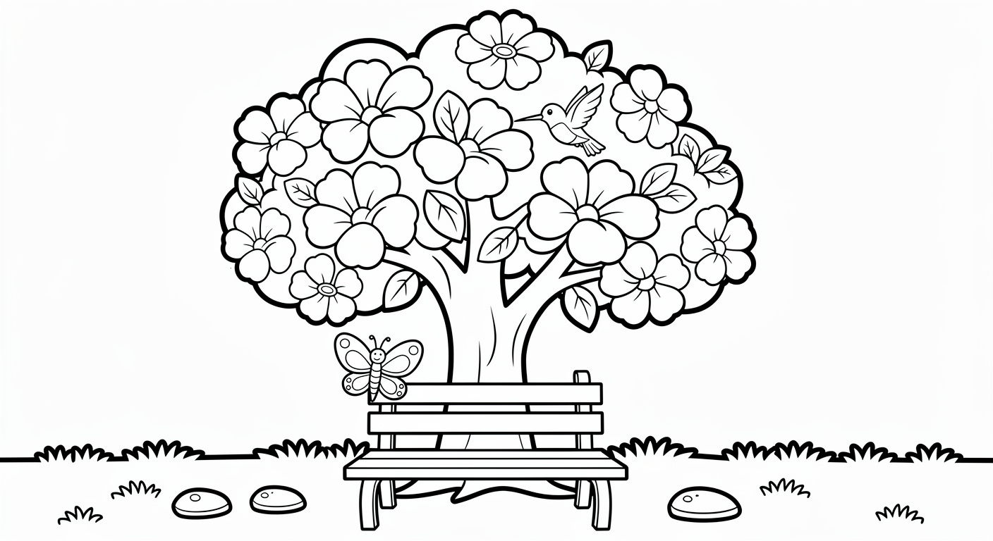 Dessin de ceibo dans un jardin à colorier, feuille gratuite à imprimer pour les jeunes enfants