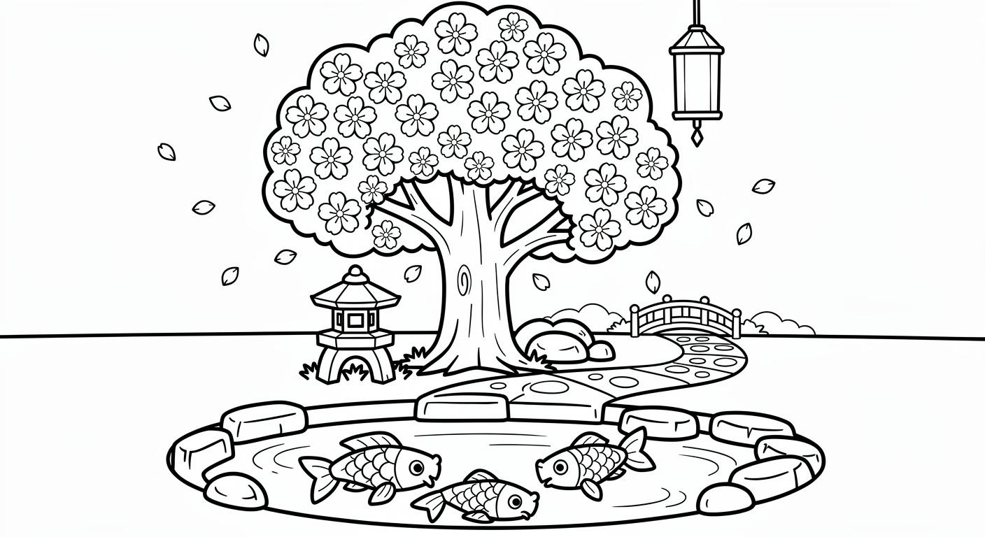 Cherry blossom tree coloring page with Japanese garden scene, free printable for toddlers
