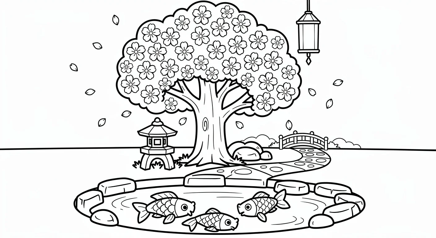 Dibujo de Cerezo en jardín japonés para Colorear