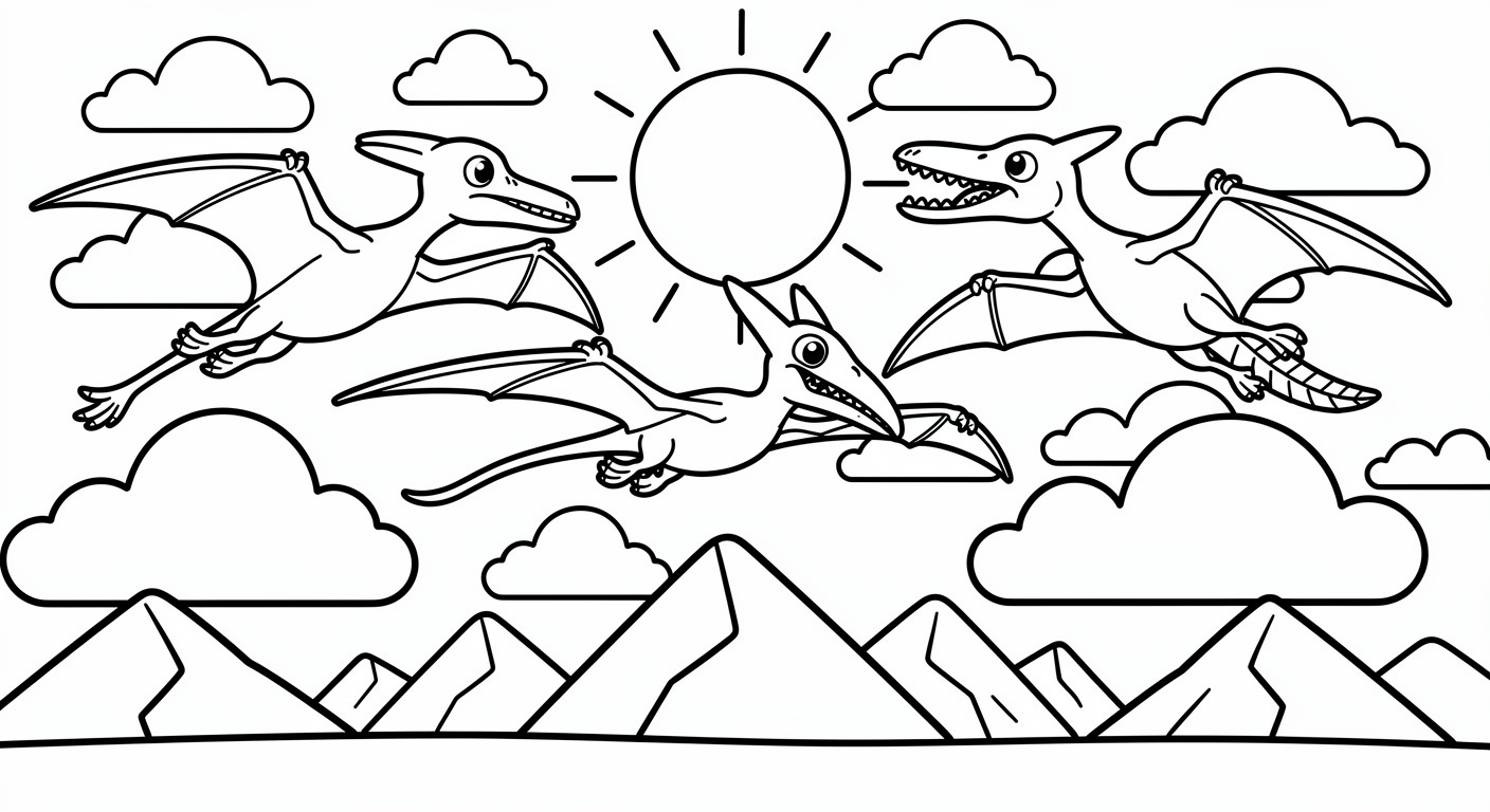 Prehistoric sky with pterosaurs coloring page, free printable dinosaur drawing for toddlers