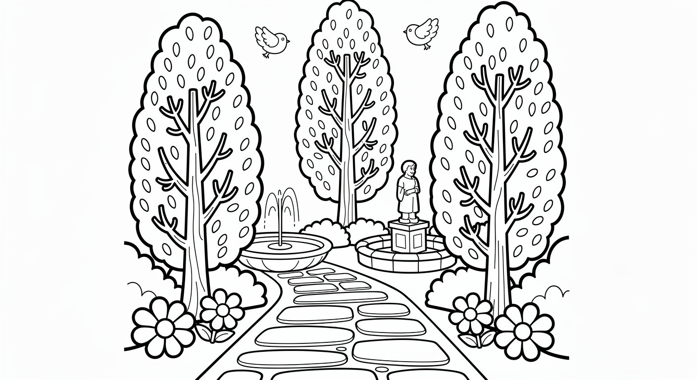 Dessin de cyprès dans un jardin italien à colorier, activité gratuite et imprimable pour enfants