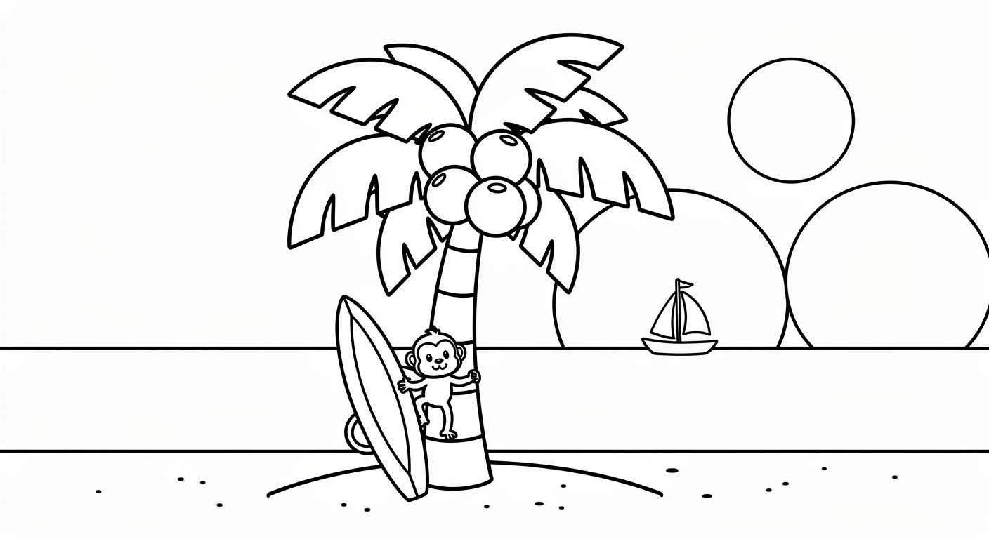 Dessin de cocotier sur île tropicale à colorier, imprimable gratuit en PDF pour jeunes enfants