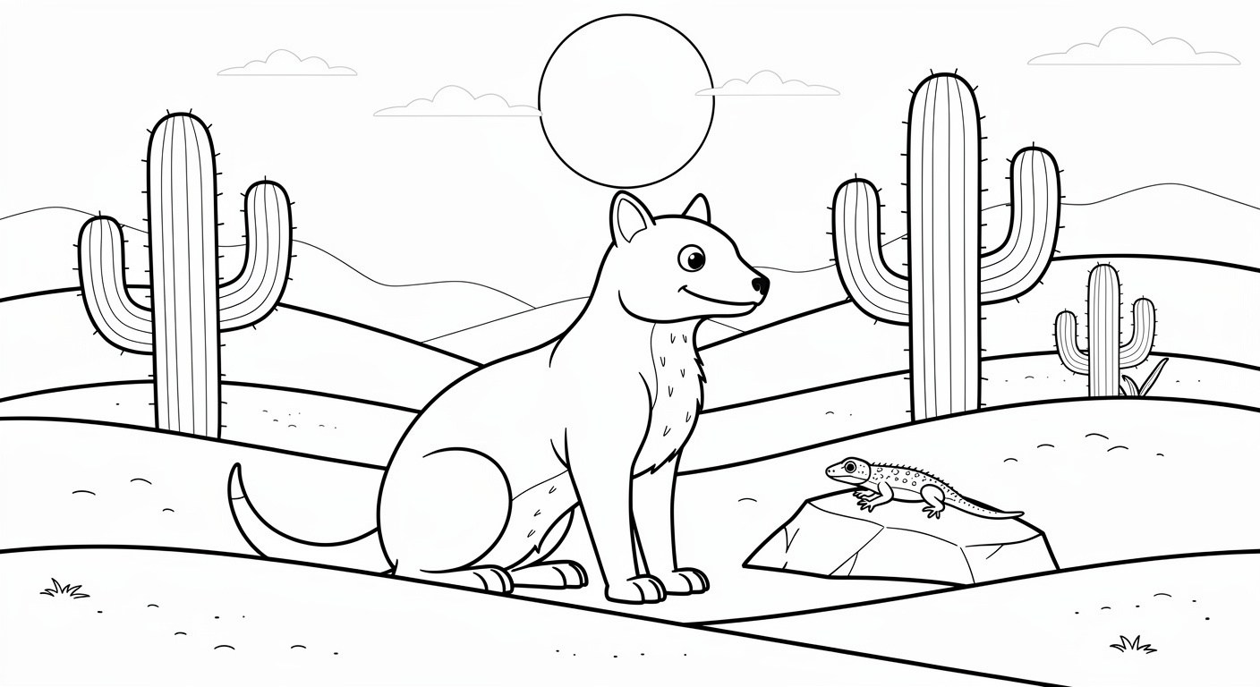 Desert coloring page for kids, free printable drawing with sand and cacti for toddlers