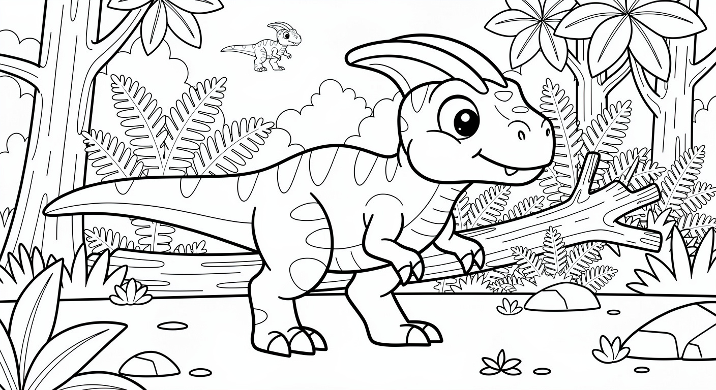 Dilophosaurus in forest coloring page for kids, free printable dinosaur drawing activity