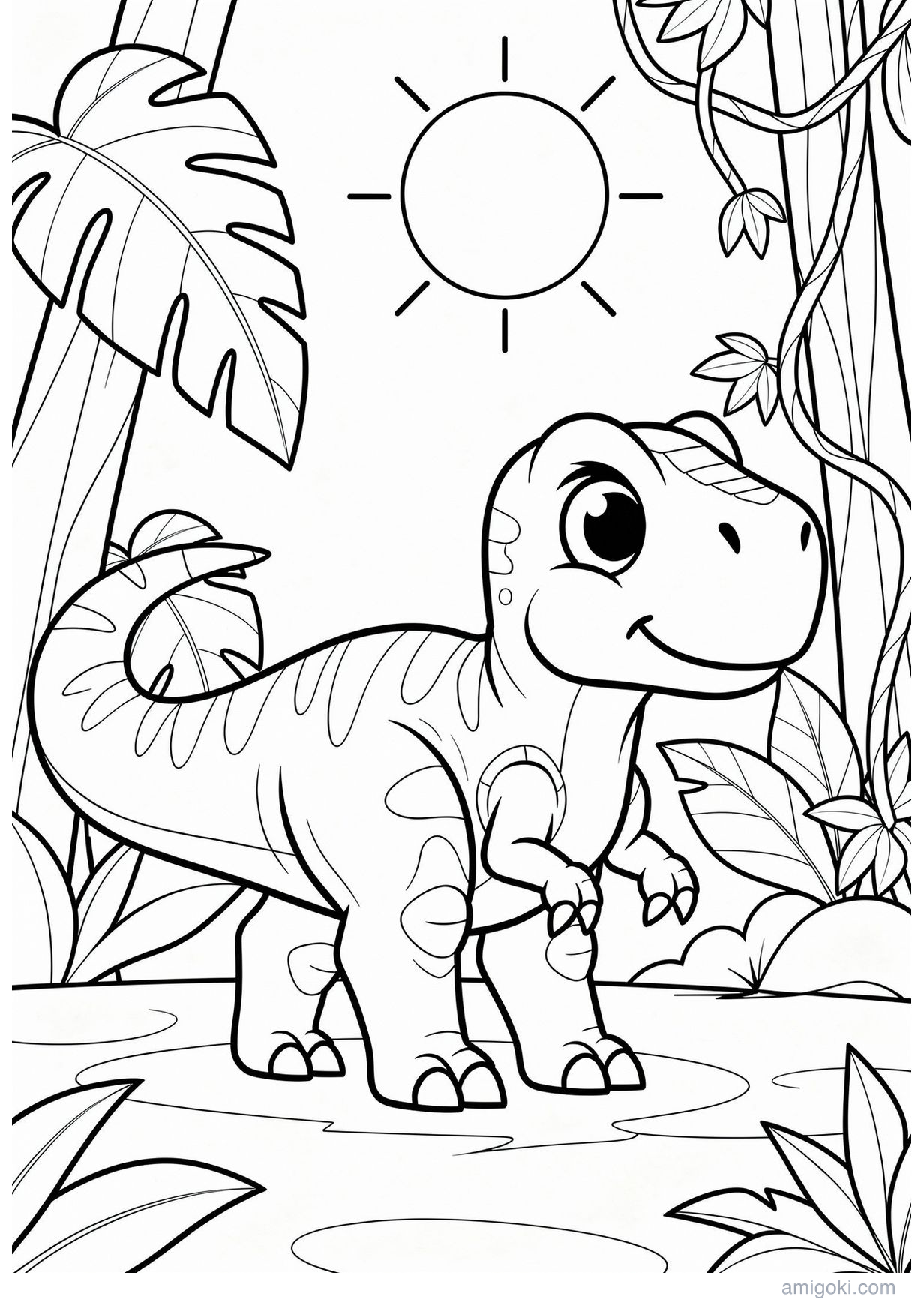 Cute kawaii dinosaur coloring page with smiling face, free printable drawing for kids ages 5-8
