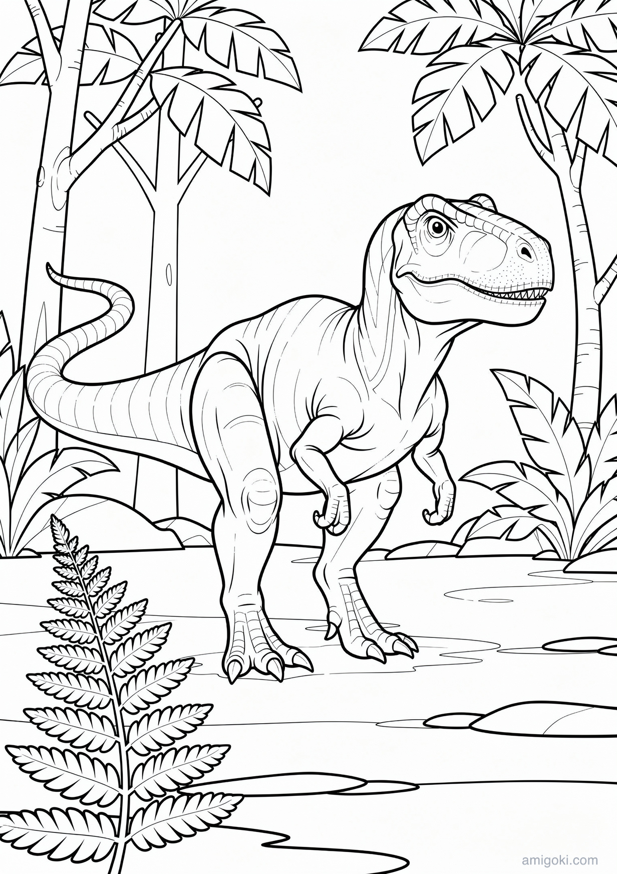 Free dinosaur coloring page printable PDF for kids ages 5-8 to color and enjoy