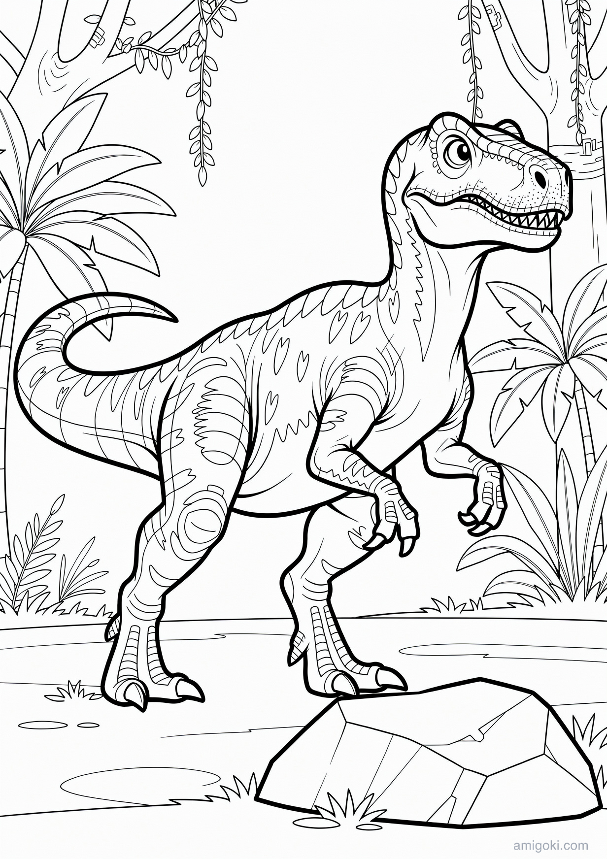 Animated dinosaur coloring page, free printable PDF activity for kids ages 5-8