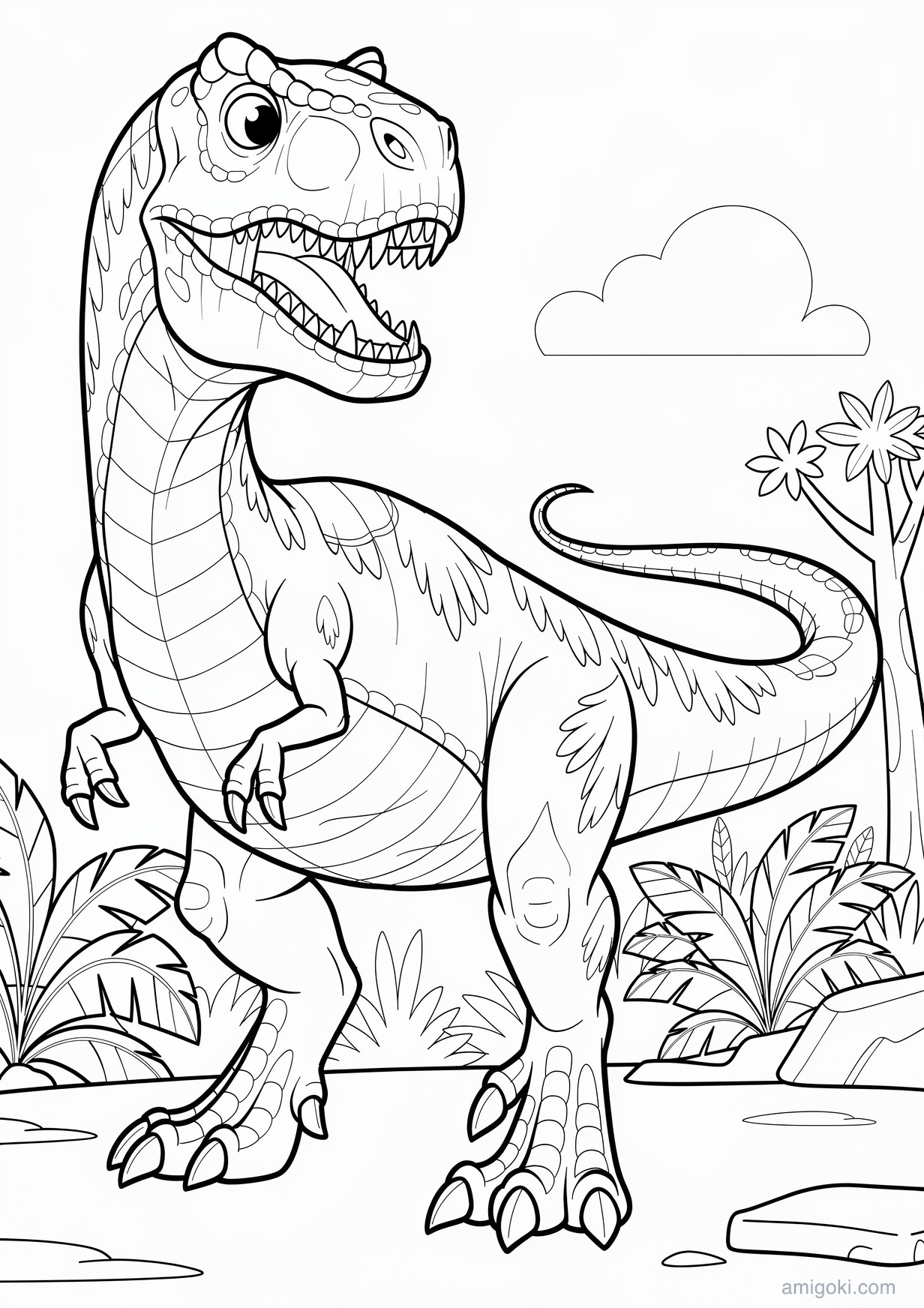 Cute cartoon dinosaur coloring page printable for kids ages 5-8, free PDF activity