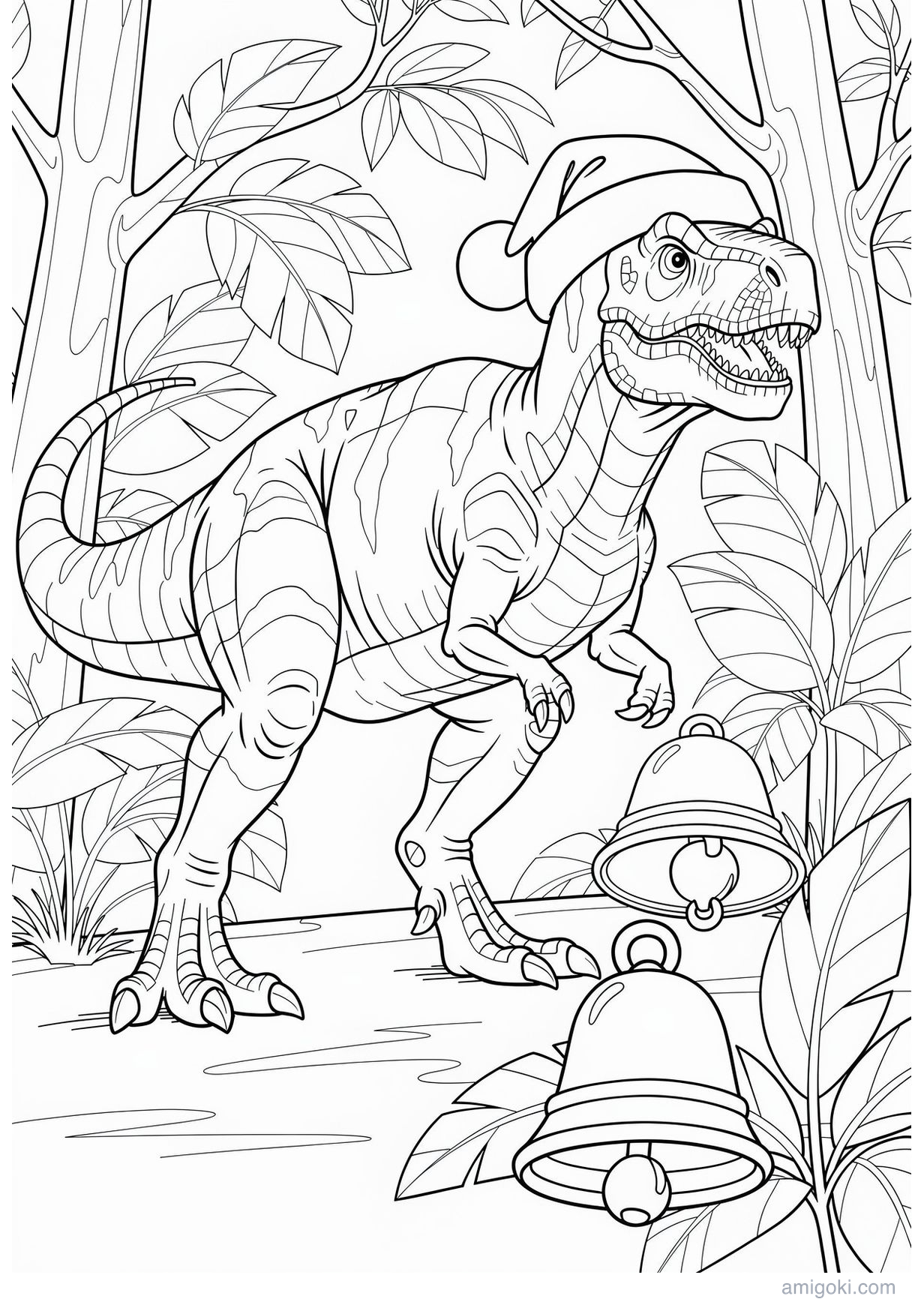 Dinosaur coloring page wearing a Christmas hat, free printable for kids PDF