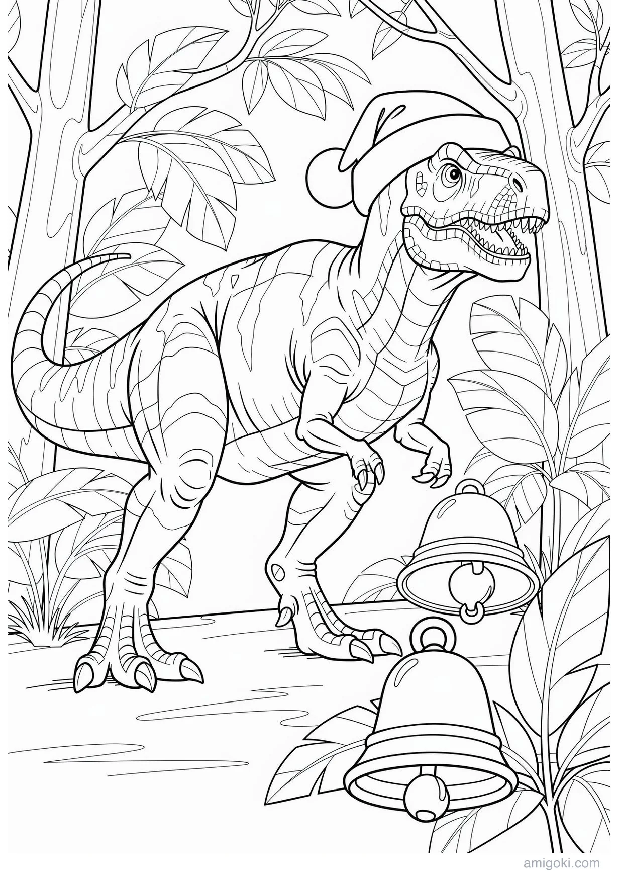 Dibujo de Dinosaurio con gorro navideño para Colorear para Mayores de 6 Años