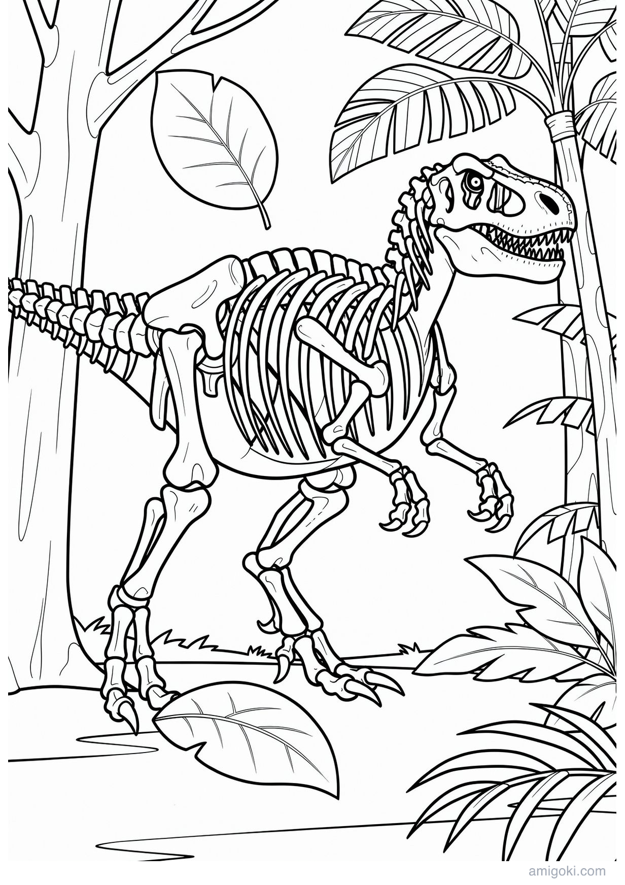 Skeleton dinosaur coloring page for kids, free printable PDF activity for ages 5-8