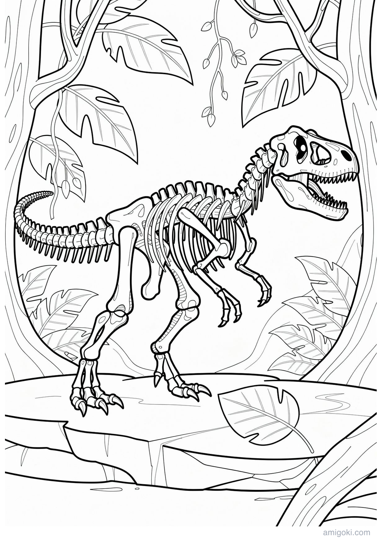Dinosaur fossil coloring page for kids, free printable PDF activity for children ages 5-8