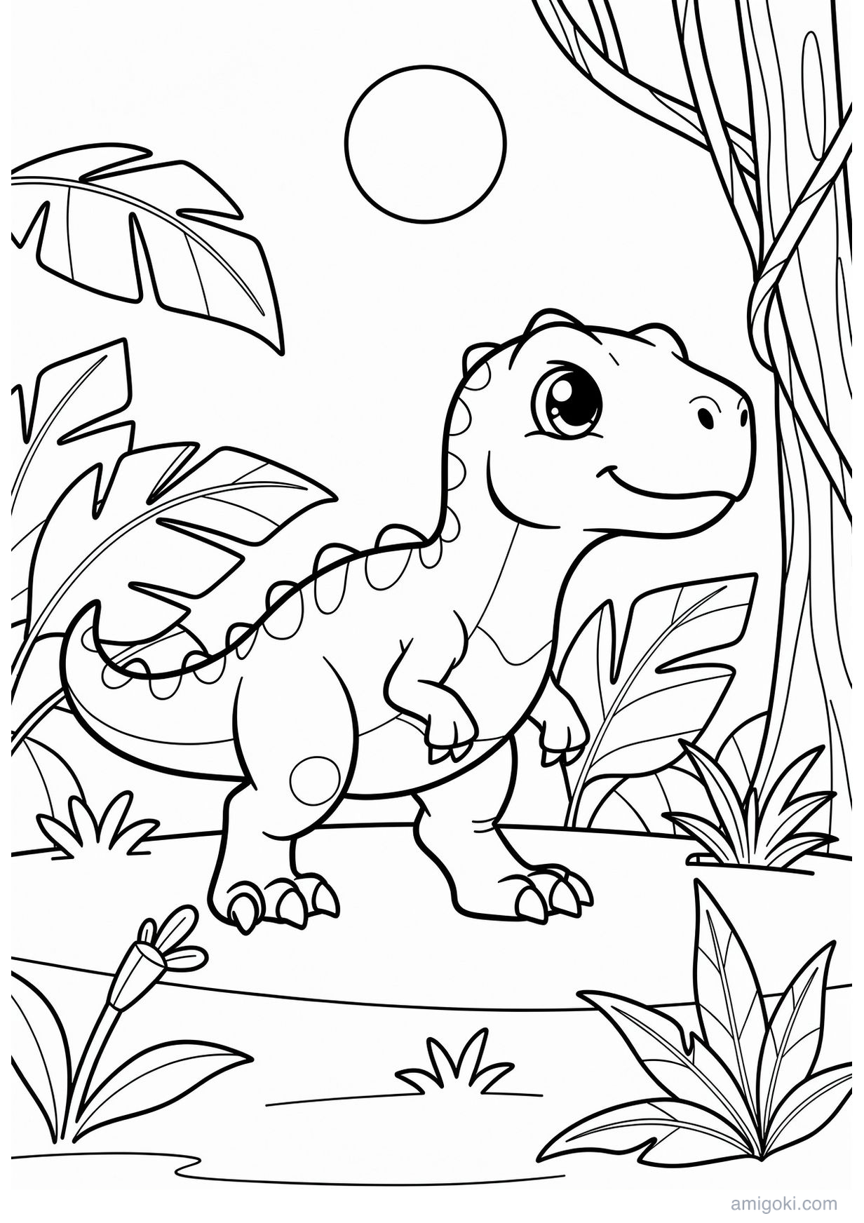 Cute kawaii dinosaur coloring page, free printable dinosaur drawing for kids ages 5-8