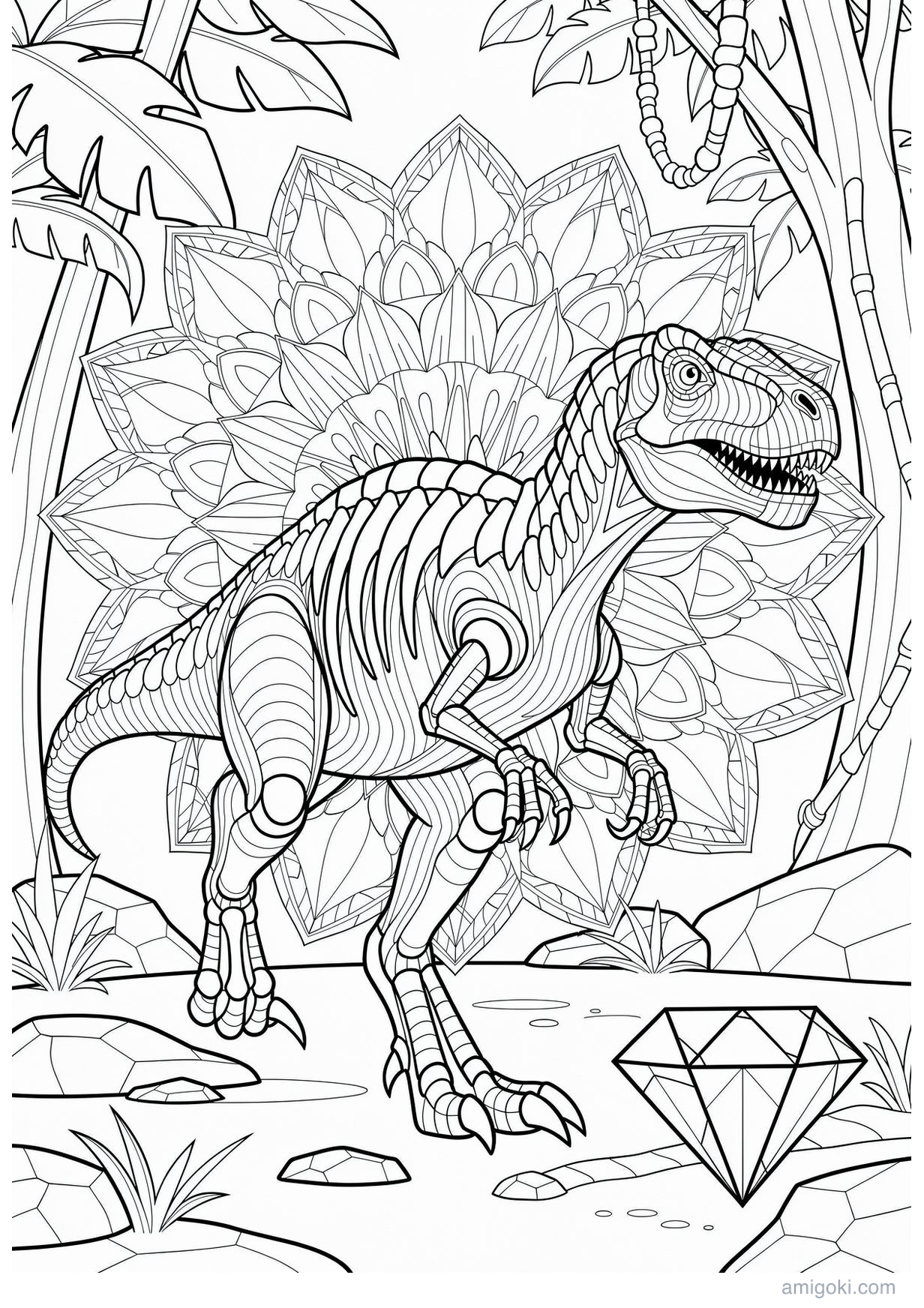 Dinosaur mandala coloring page, free printable drawing for kids ages 5-8