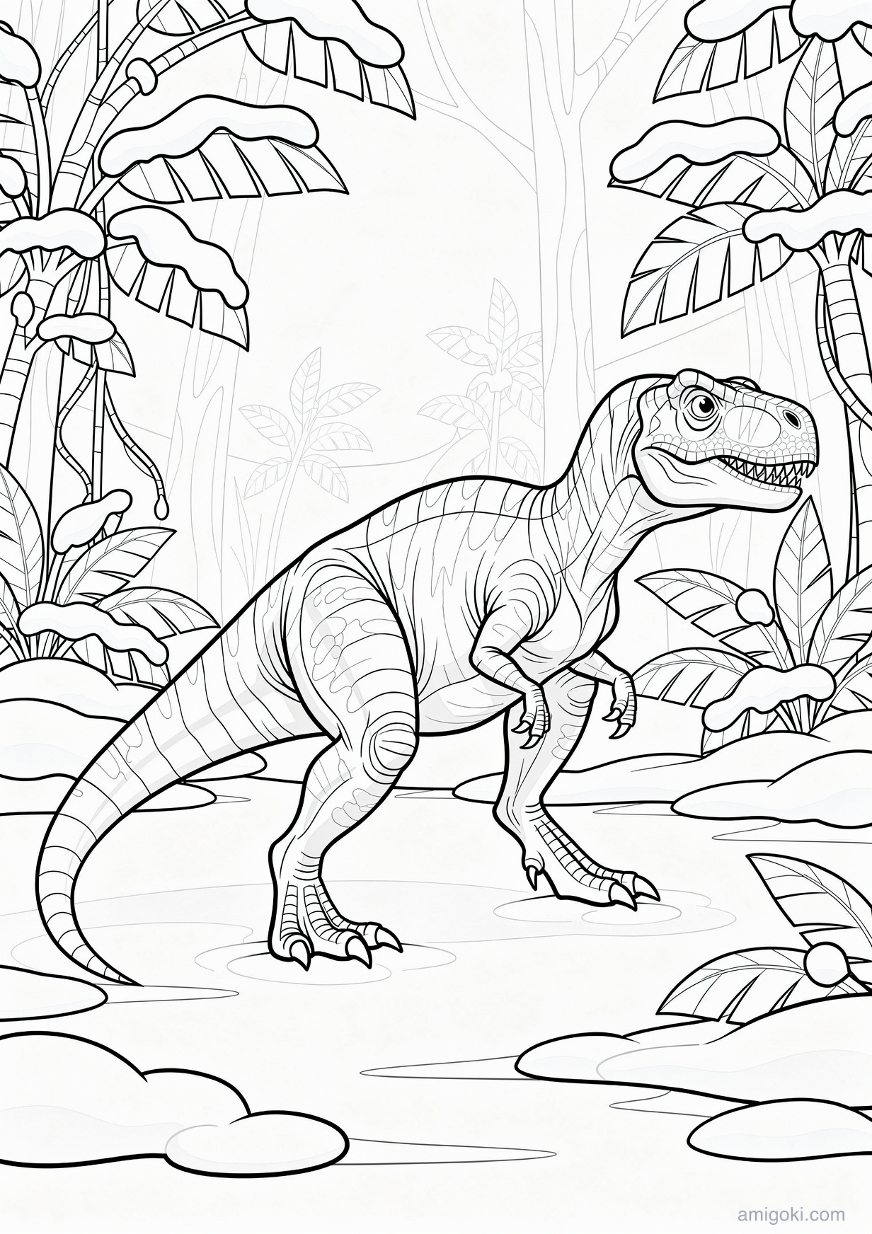 Christmas dinosaur coloring page for kids, free printable dinosaur drawing for children ages 5-8