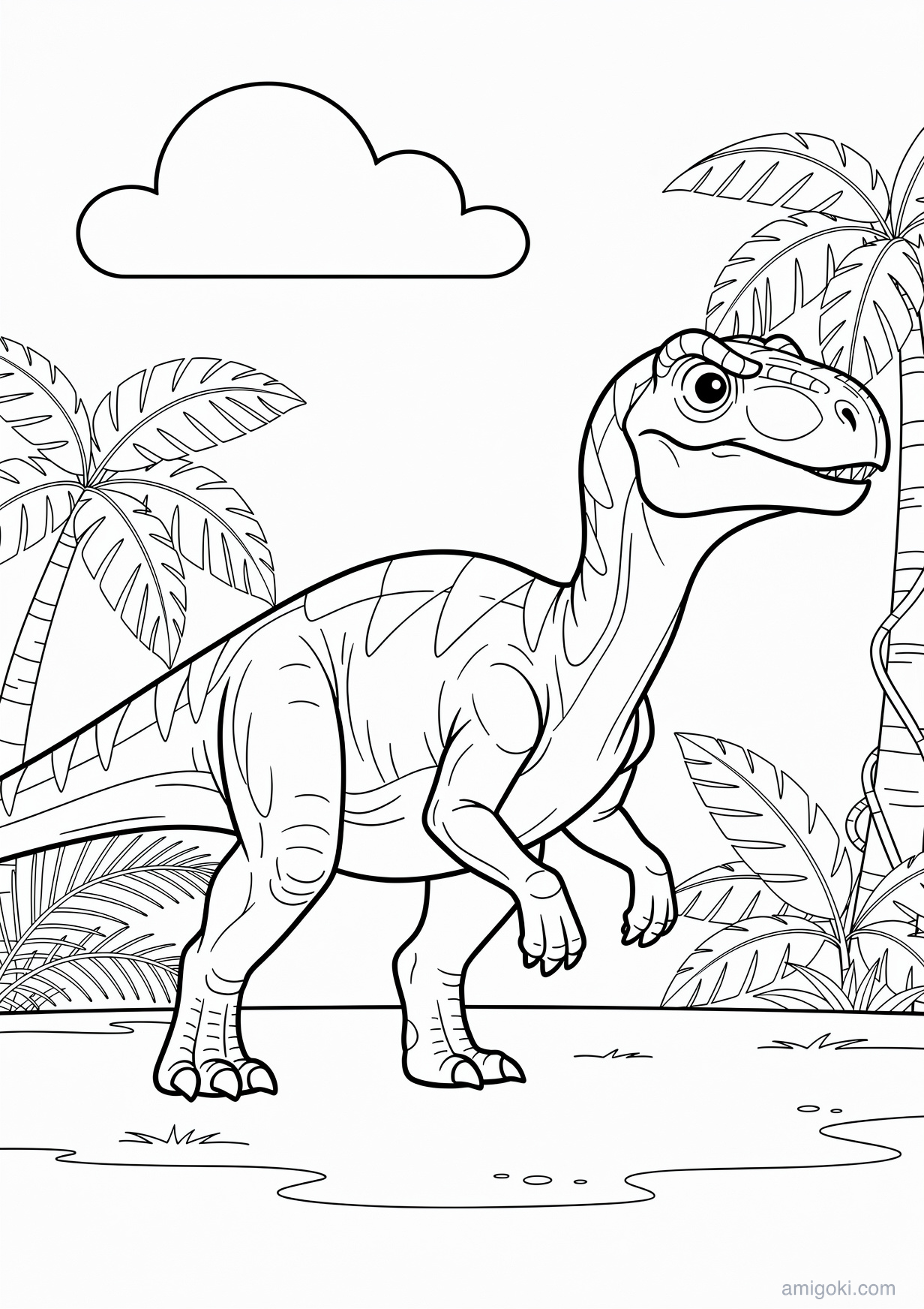 Simple dinosaur coloring page for kids, free printable drawing for children ages 5-8