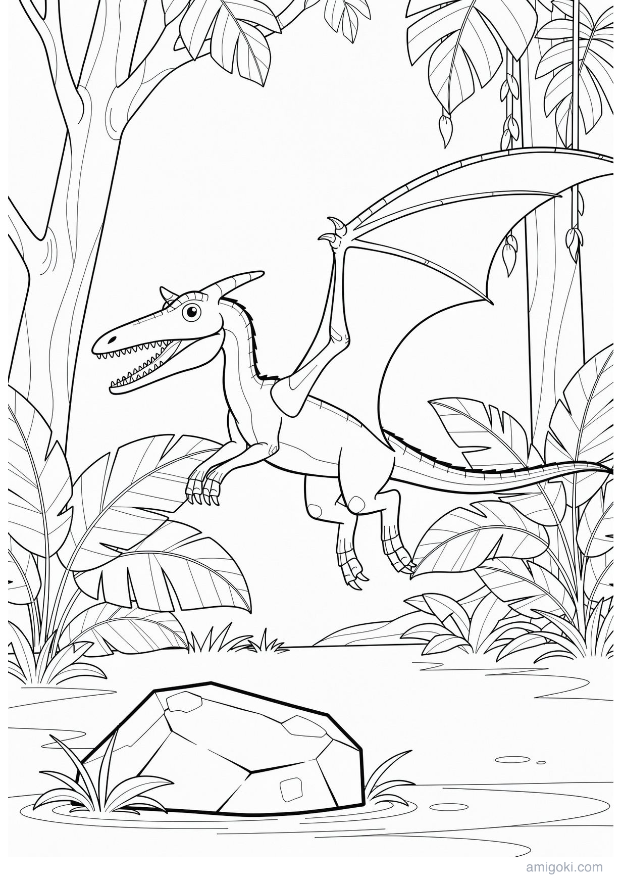 Flying dinosaur coloring page for kids, free printable PDF activity for children ages 5-8