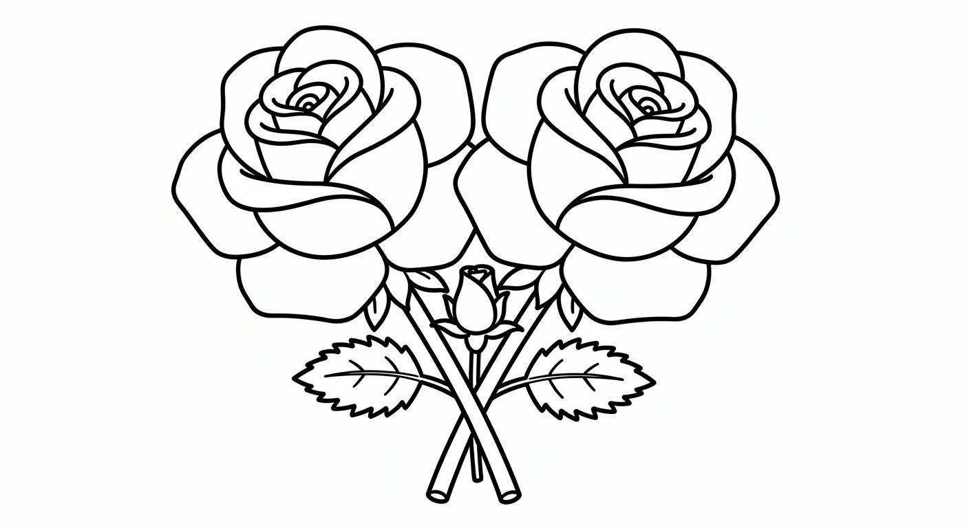 Two roses together coloring page for kids, free printable drawing for toddlers