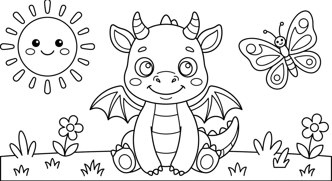 Baby dragon coloring page printable, free PDF drawing for toddlers and preschoolers ages 2-5