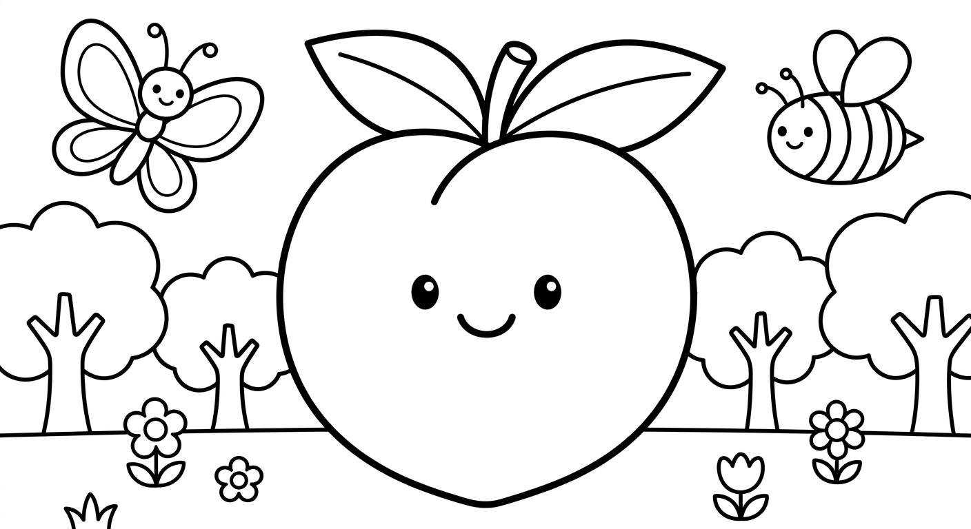 Peach coloring page for kids ages 2-5, free printable fruit drawing in PDF format